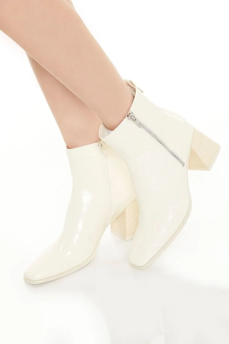 Faux Croc Square-Toe Booties