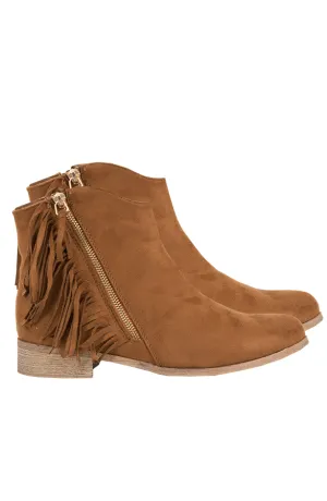 Fringe Zipper Booties Camel