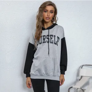 PEOPLETERRITORY New popular autumn new product 2025 letter printing sweater women's splicing contrasting color sports hoodie